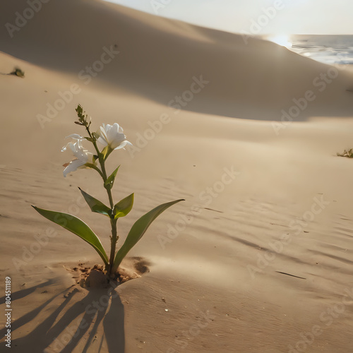 a small plant growing out of the sand in the desert