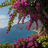 purple flowers on a tree near the ocean and a mountain