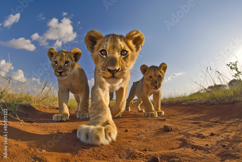 Lion cubs walking on a dirt road