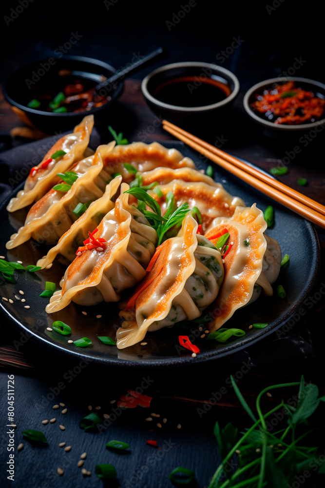Original Japanese dumplings Gyoza with chicken and vegetables.Front view. Dark blue backgrund Original Japanese dumplings Gyoza with chicken and vegetables.Front view. Dark blue backgrund