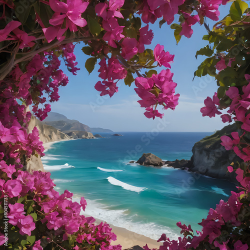 purple flowers frame a view of a beach and ocean