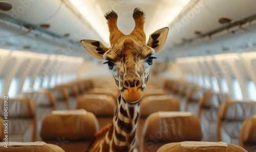 Giraffe flies on an airplane