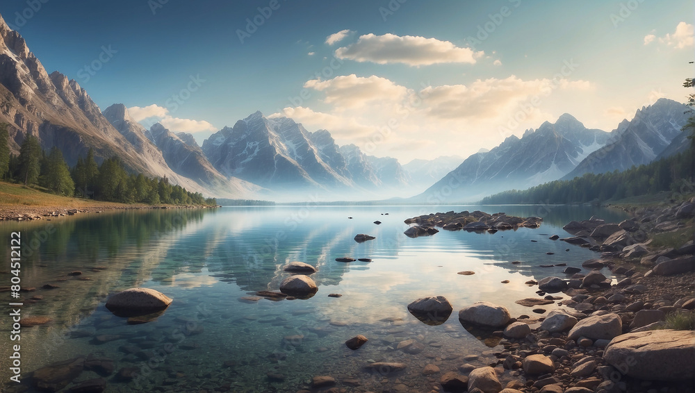  a beautiful mountain lake on a clear day.