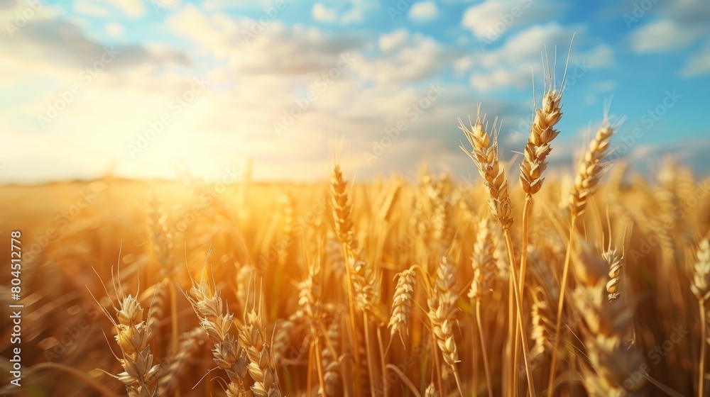 Golden wheat field under sunny sky, clouds parting to reveal the suns rays Golden wheat field under sunny sky, clouds parting to reveal the suns rays