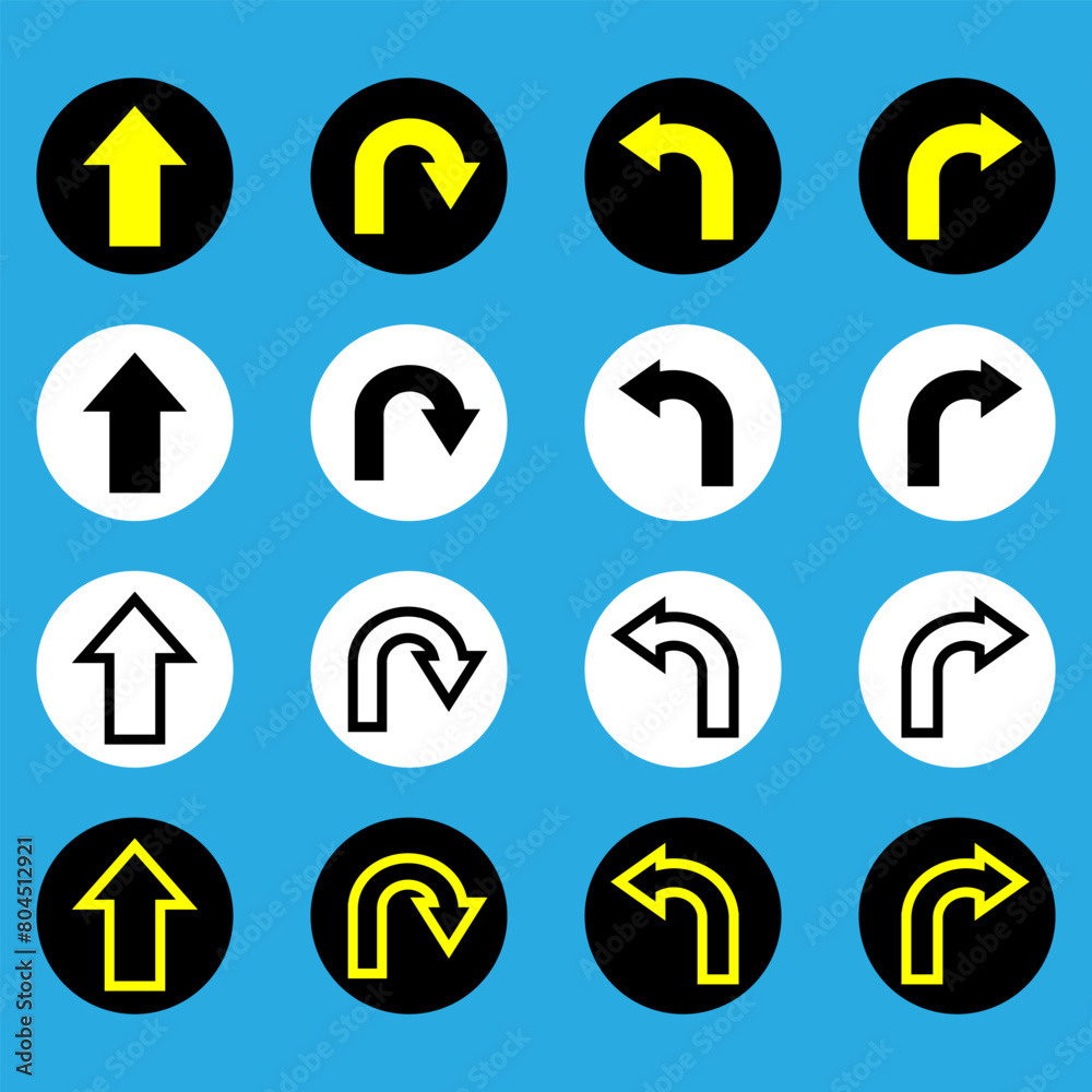 Left and right direction arrow icon, one way only, U Turn sign symbol. Left and right direction arrow icon, one way only, U Turn sign symbol.