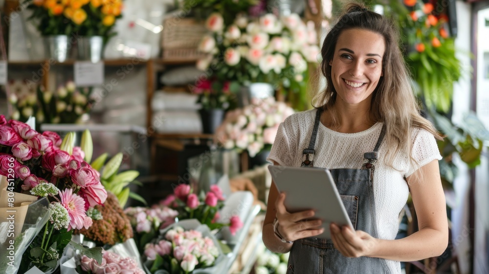 A woman is standing in a flower shop with a tablet in her hand