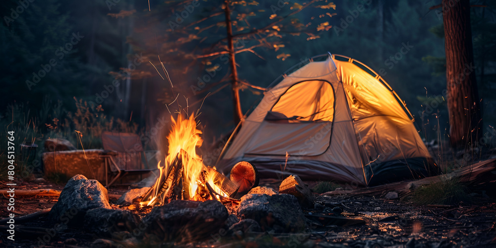 A picturesque camping site in nature with tents and campfire professional photography Old master portrait background