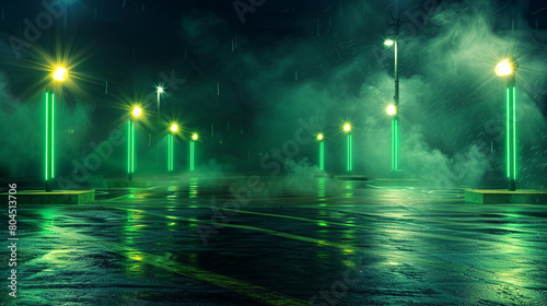 An abandoned parking lot at night, lit solely by green neon searchlights positioned at the corners