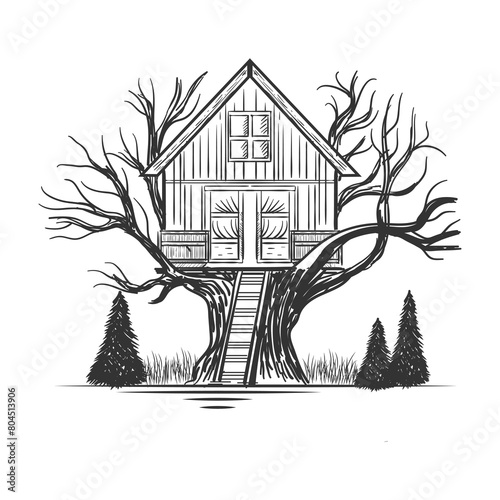 Vintage Oak Tree Cabin Cottage Chalet Lodge House Illustration Vector
