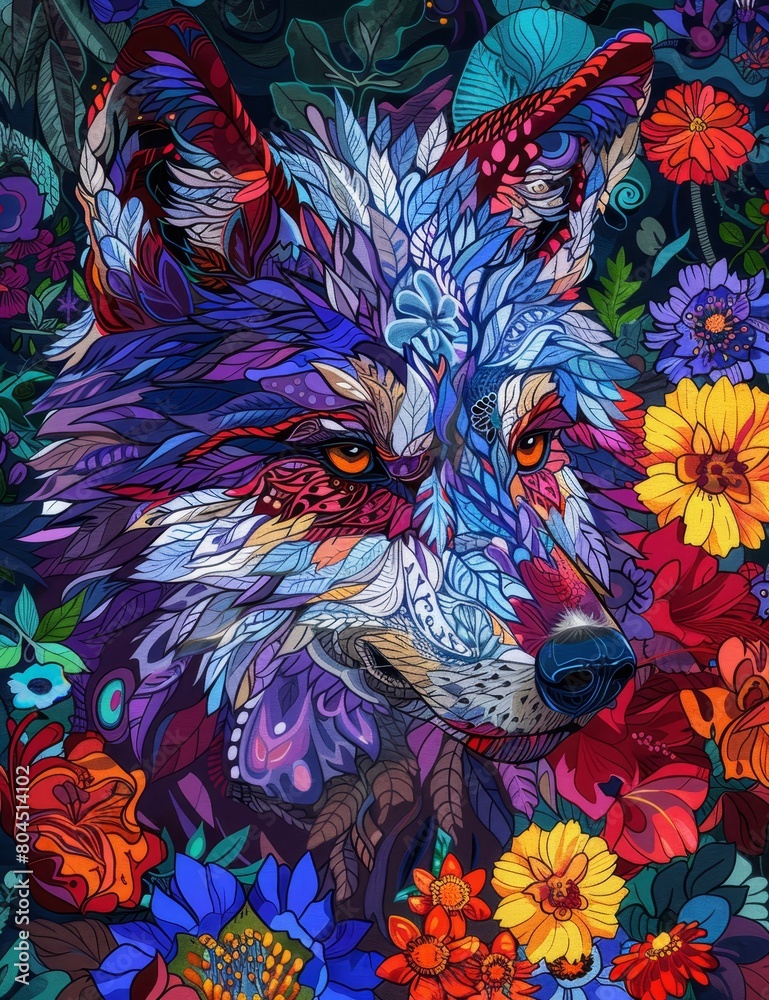   A tight shot of a wolf painting in a blooming flower field against a blue backdrop