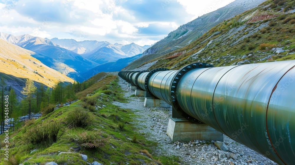 A large pipe on the mountain side overlooks a valley in the background A large pipe on the mountain side overlooks a valley in the background