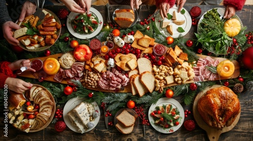   A wooden table, laden with plates of food and a platter brimming with assorted meats, cheeses, and fruits