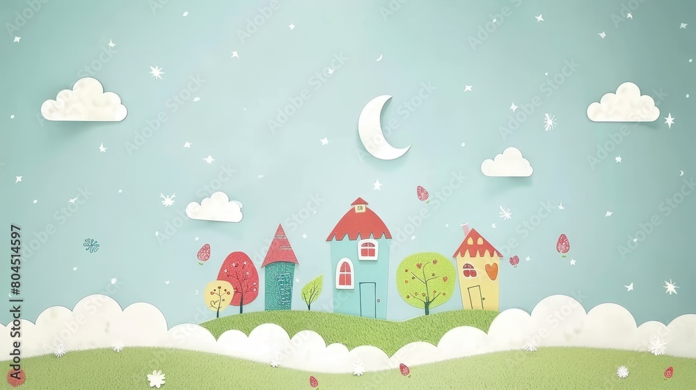A silhouette of a house and trees on a hill against a backdrop of a moon and stars A silhouette of a house and trees on a hill against a backdrop of a moon and stars