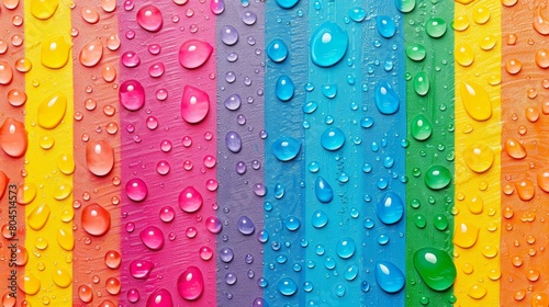  A tight shot of a rainbow-hued wallpaper adorned with water droplets at its base