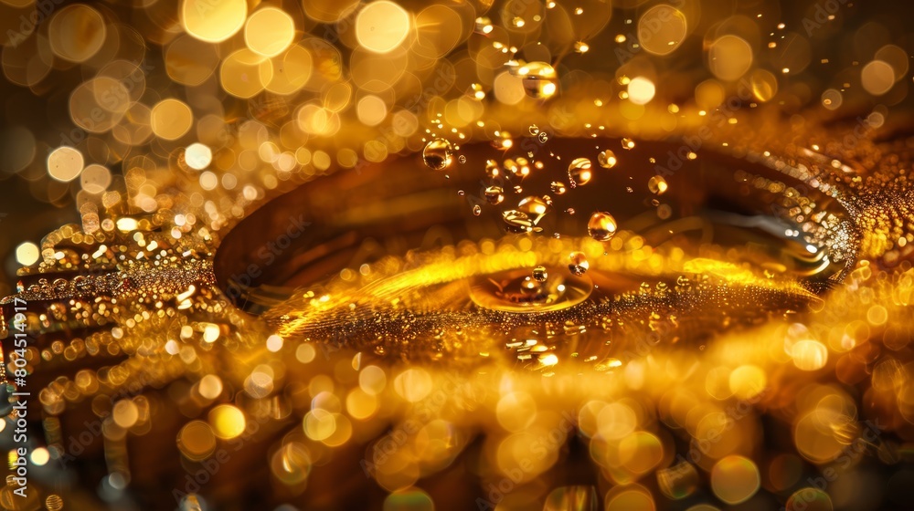   A tight shot of water droplets on a gold-hued surface, surrounded by a softly blurred backdrop of lights