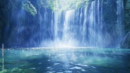 A towering waterfall cascading down into a crystal clear pool the mist creating a serene atmosphere.