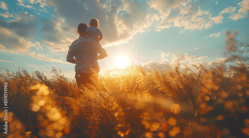 A man is walking through a wheat field, carrying a child on his back. The mans figure stands out against the yellow wheat, while the child appears to be looking around in curiosity.