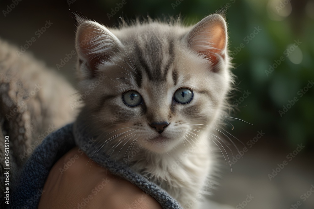 Picture a small, furry kitten with big, round eyes that shine with vivacity. His ears are soft and pointed, and he has a small pink nose. Its fur is soft and fluffy, in shades of gray mixed with white Picture a small, furry kitten with big, round eyes that shine with vivacity. His ears are soft and pointed, and he has a small pink nose. Its fur is soft and fluffy, in shades of gray mixed with white