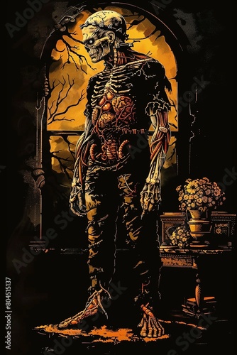 With a focus on scientific accuracy, Frankenstein anatomy art illustrates the nervous system of the creature, showcasing its brain and spinal cord, 8K ,