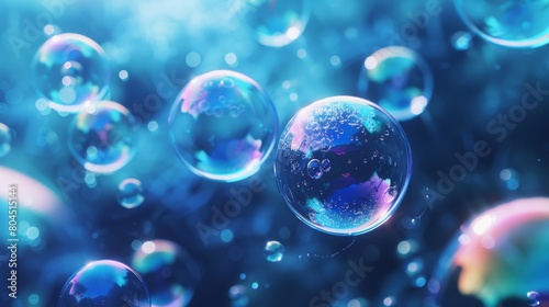  A collection of soap bubbles hovering above a blue-green backdrop, overlapping as they float