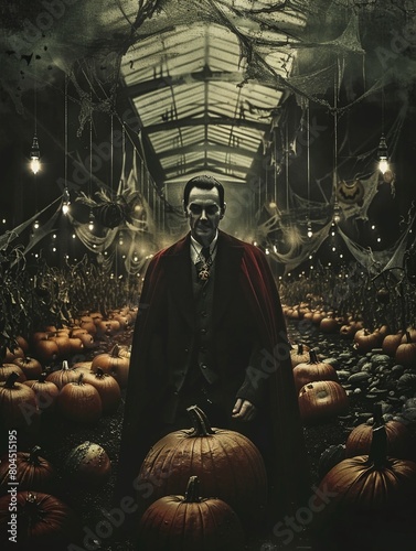 With a touch of whimsy, modern Dracula concept art shows Dracula strolling through a pumpkin patch, selecting the perfect pumpkins for his Halloween decorations, soft lighting , photo
