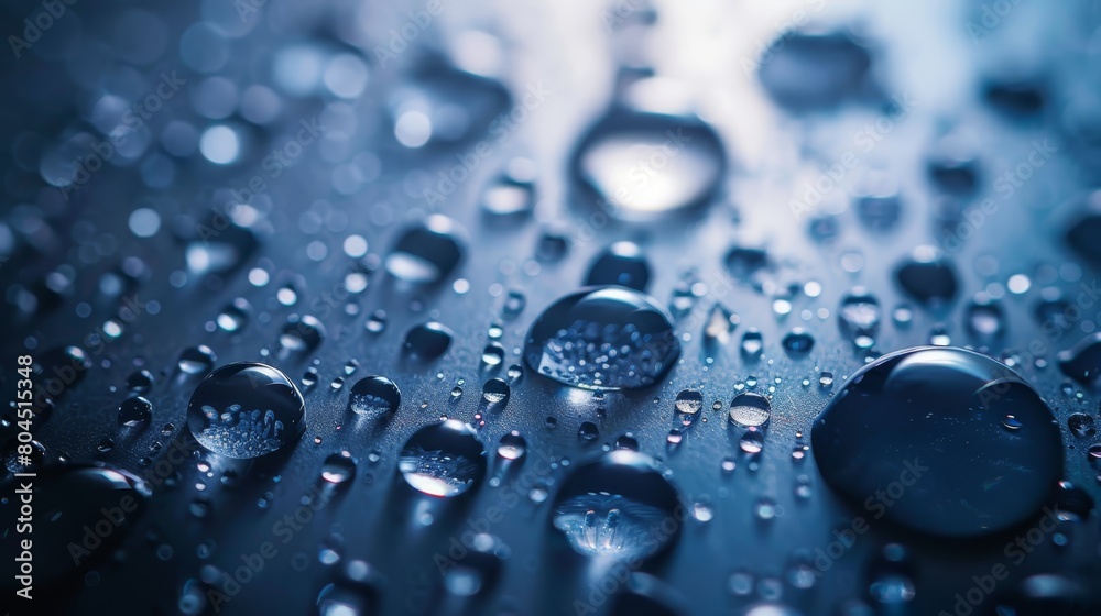 A tight shot of water droplets on a black backdrop, against a blue sky in the distance, with a similar hue present in the foreground A tight shot of water droplets on a black backdrop, against a blue sky in the distance, with a similar hue present in the foreground