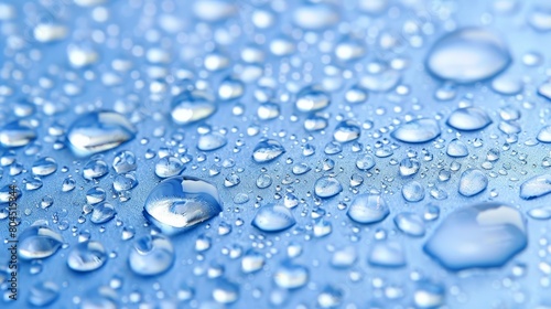  Close-up of water droplets on a blue surface with a light blue sky in the background, and a lighter blue sky in the foreground