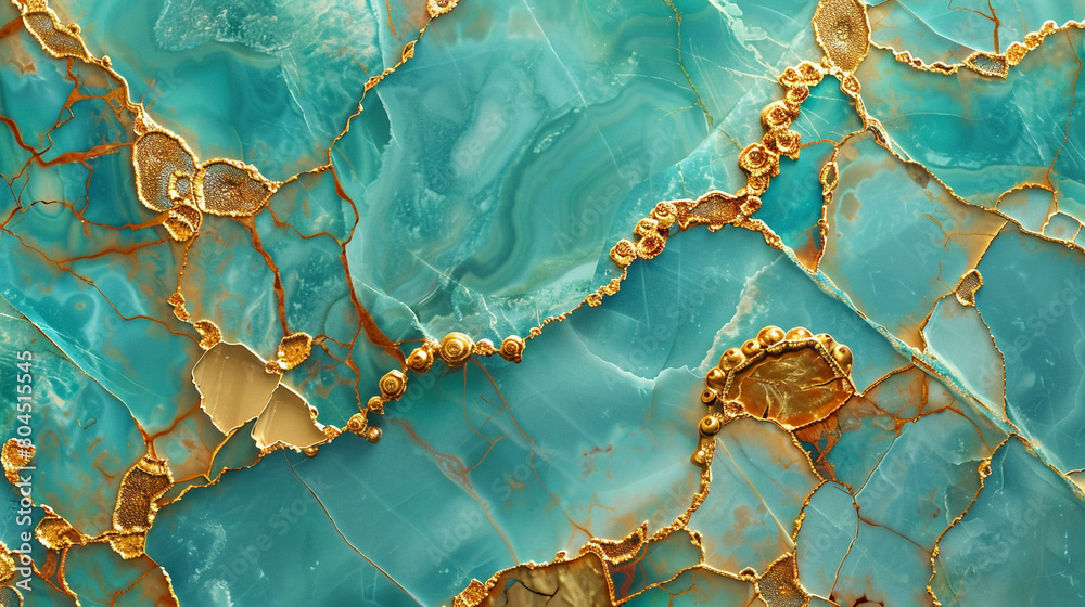 An ultra-high-definition close-up of a vibrant turquoise marble wall, the surface detailed with golden, barnacle-like textures An ultra-high-definition close-up of a vibrant turquoise marble wall, the surface detailed with golden, barnacle-like textures
