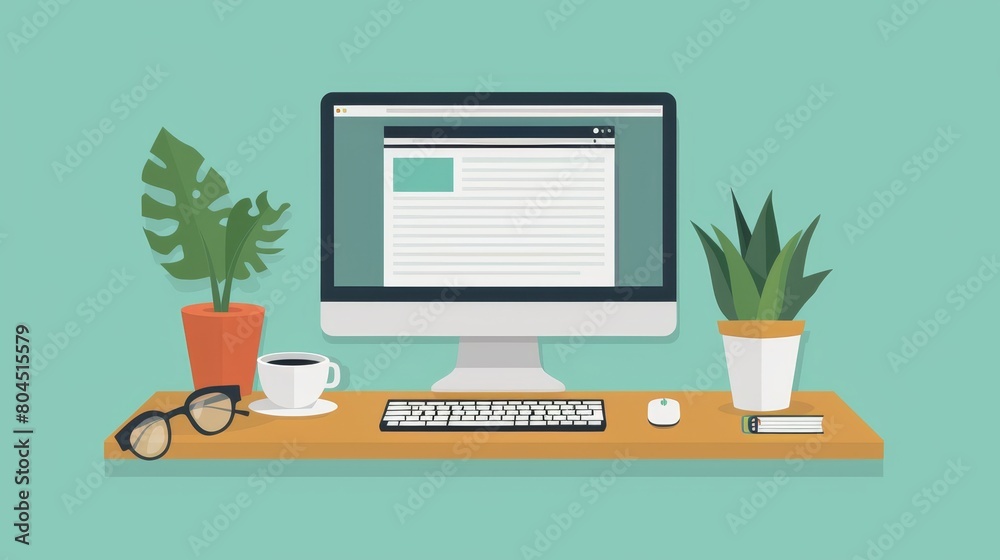 Desktop computer on wooden desk with potted plant and cup of coffee nearby Desktop computer on wooden desk with potted plant and cup of coffee nearby
