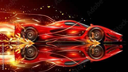  A red car image with flames exiting its rear end and a mirrored reflection on water