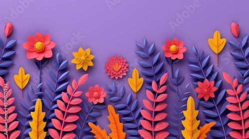   Apurple background with two shades, one lighter, houses a yellow center Surrounding it are multiple paper flowers and leaves photo