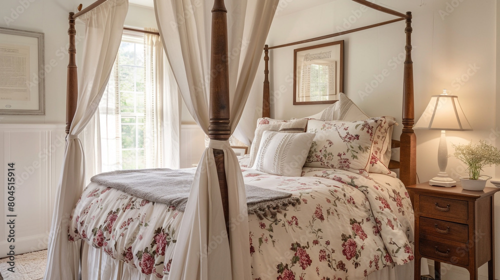 A charming farmhouse guest bedroom with a four-poster bed, adorned with floral bedding and a mockup frame hanging above the bedside table.