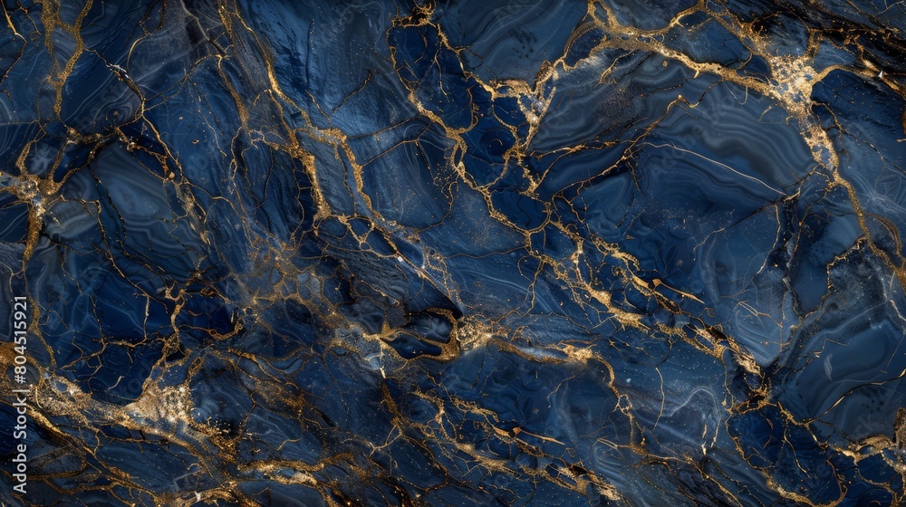 A tight shot of a blue-gold marbled surface, displaying a black-gold vein at its peak A tight shot of a blue-gold marbled surface, displaying a black-gold vein at its peak