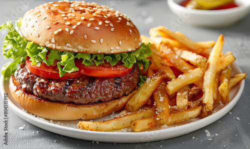 Close-up of a tempting cheeseburger with lettuce, tomato, cheese, and fries on the side. Generate AI