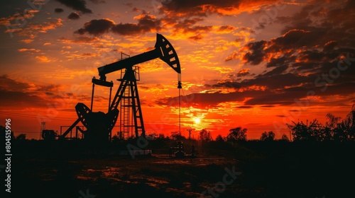   An oil pump outlines against an orange and red sunset sky photo