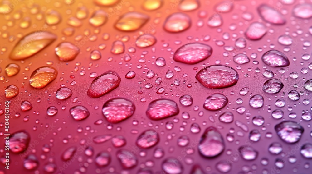 A tight shot of water droplets on a multicolored surface , beneath a blue sky A tight shot of water droplets on a multicolored surface , beneath a blue sky