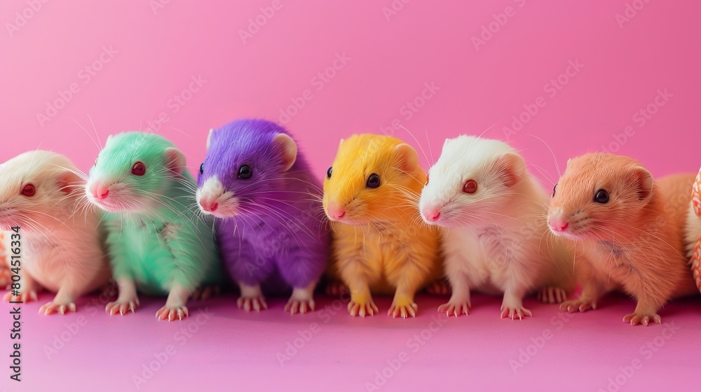 Vibrant disco scene with a ferret, cobra, and Feertype symbolizing gender diversity in purple, pink, lime, and green colors.