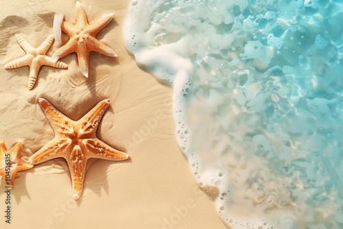 Starfish on the sand beach in clear sea water. Summer background. Summer time .Copy space. Relaxing on the beach. generative ai.