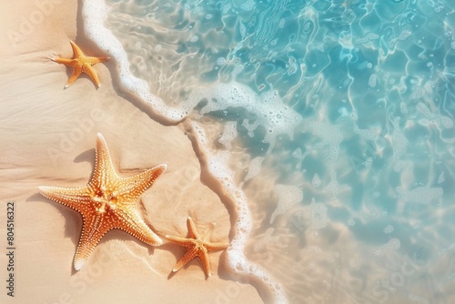 Starfish on the sand beach in clear sea water. Summer background. Summer time .Copy space. Relaxing on the beach. generative ai.