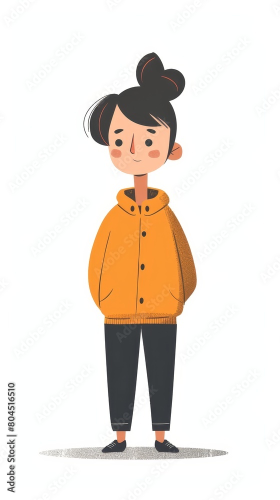 A woman in an orange jacket stands, pondering with one hand on her chin Her long hair forms a ponytail at the nape of her neck A woman in an orange jacket stands, pondering with one hand on her chin Her long hair forms a ponytail at the nape of her neck