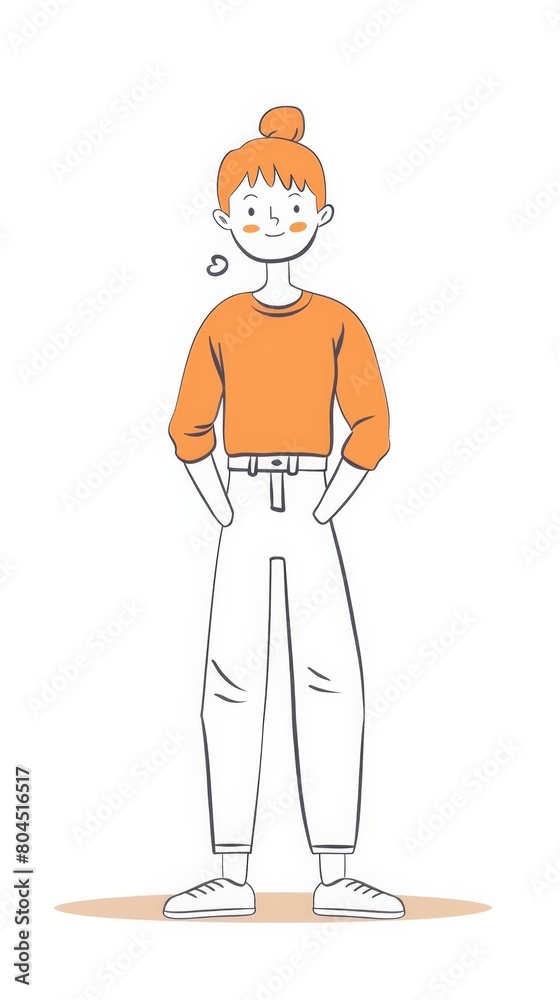 A man stands in an orange shirt and white pants, hands tucked into pockets A man stands in an orange shirt and white pants, hands tucked into pockets