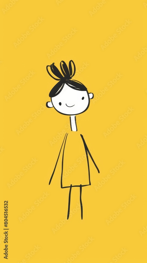 A girl depicted with a bow atop her head, positioned before a yellow backdrop encased by a black outline A girl depicted with a bow atop her head, positioned before a yellow backdrop encased by a black outline