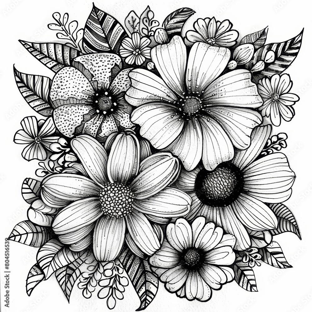 A black-and-white drawing of a bouquet of flowers against a white background Flowers and leaves at the bottom A black-and-white drawing of a bouquet of flowers against a white background Flowers and leaves at the bottom
