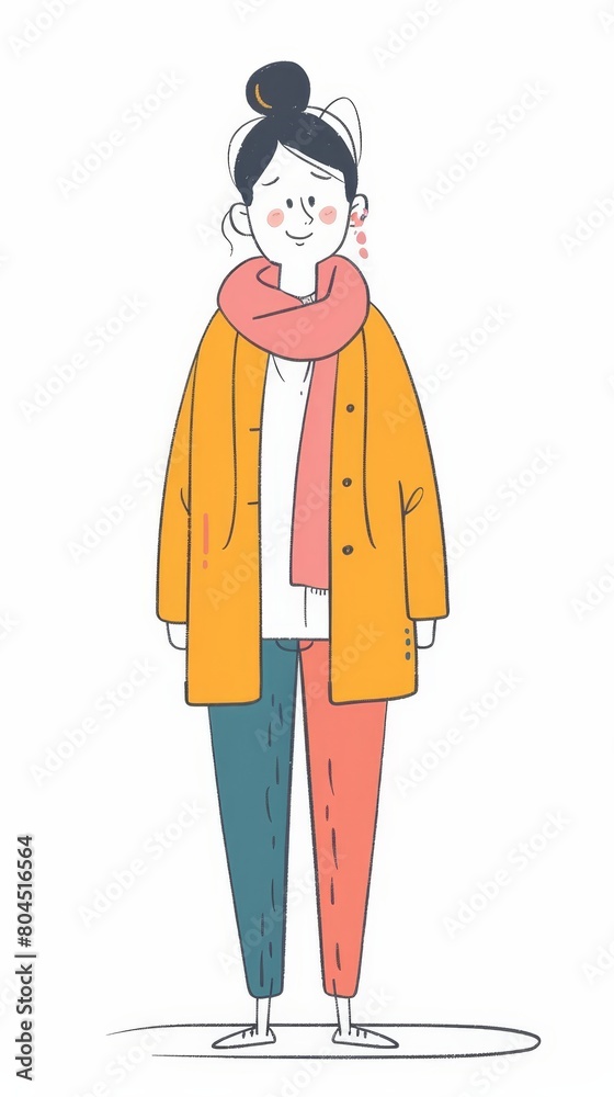   A woman wears a yellow coat and blue pants, with her arms crossed around her chest, and a pink scarf draped around her neck