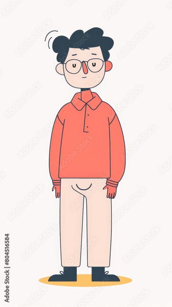   A man in red shirt and glasses stands before white backdrop, hands in pockets
