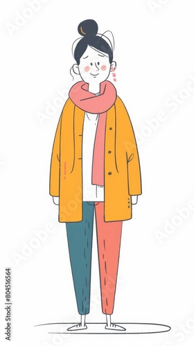   A woman wears a yellow coat and blue pants  with her arms crossed around her chest  and a pink scarf draped around her neck