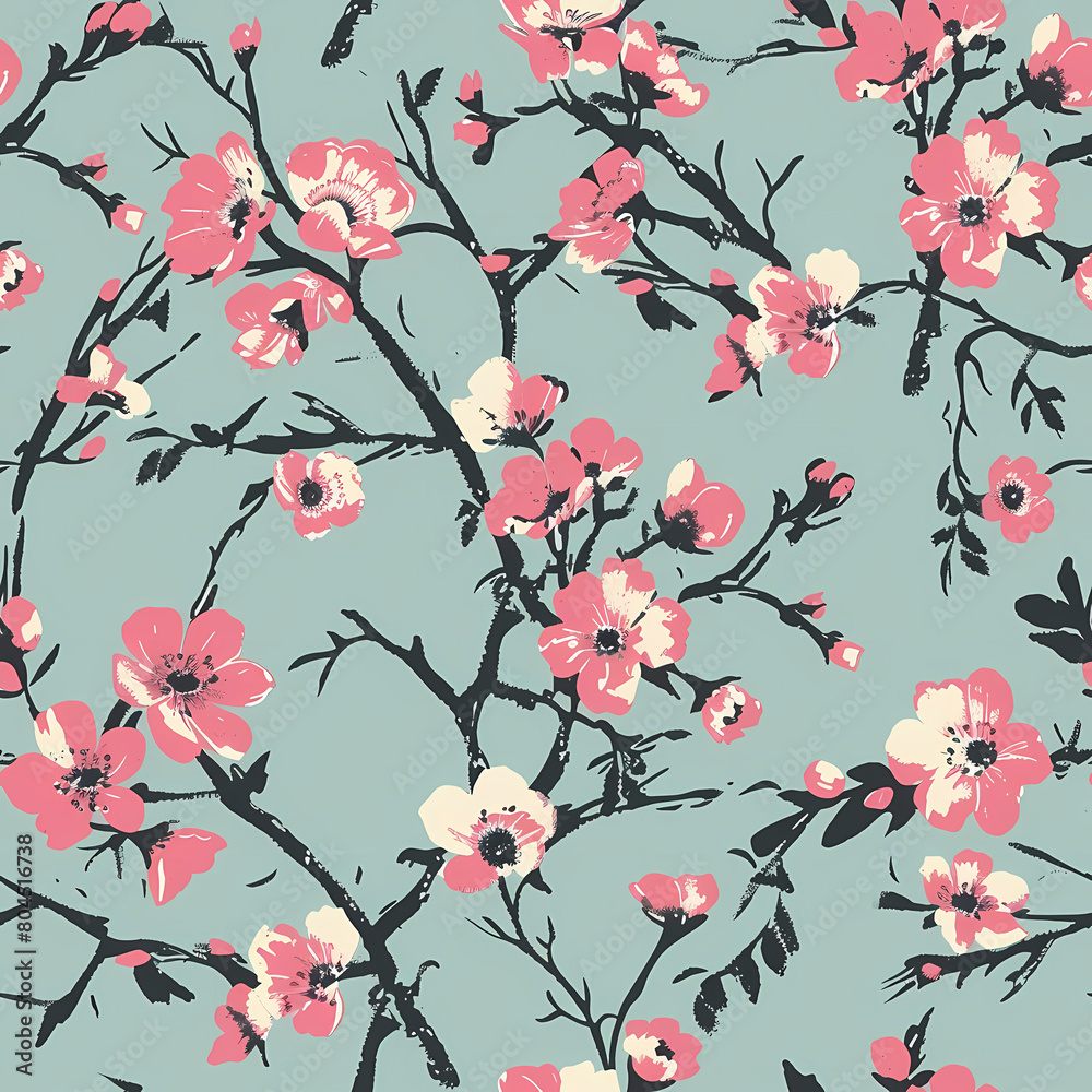 Cherry blossom seamless pattern. Hand drawn vector illustration in vintage style.