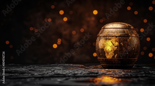   A globe atop a table against a dark backdrop  surrounded by bottles of lit candles or lamps