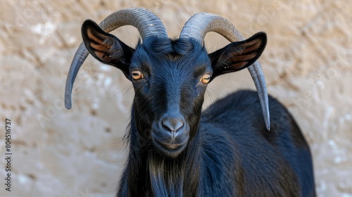   A black goat with long horns poses seriously before a stony wall, gazing directly at the camera photo