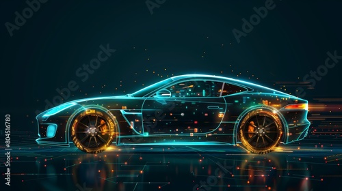  A futuristic car, aglow with radiant lights, against a dark backdrop Reflected mid-image, the car's mirror-like surface amplifies its luminesc